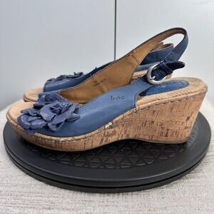 Boc Born Concept Wedge Sandals‎ Women 7M Blue Leather Slip On Buckle Floral